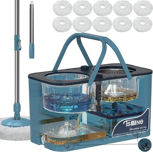 Mops and Buckets for Floor Cleaning, 360 Spin Mop and Bucket with Separates Dirty and Clean Water,4-Chamber Mop Bucket with Wringer Set for Home with 10 Replacement Mop Heads,4X Wheel