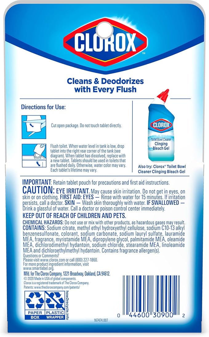 CLOROX Ultra Clean Toilet Tablets Bleach & Blue, Rain Clean Scent 2.47 Ounces Each, 2 Count (Package May Vary)