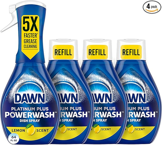 Dawn Powerwash Spray, Dish Soap, Dishwashing Liquid, Cleaning Supplies, Lemon, 1 Starter Kit + 3 Refills, 4 units of 16oz (64oz)