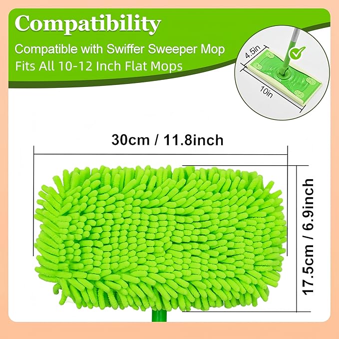 Thickened Heavy-Duty Chenille Mop Pads Compatible with Swiffer and All Other 10-12 Inch Mops,Reusable Wet & Dry Mop Refills,Machine Washable for Hardwood,Tile,Laminate Floors