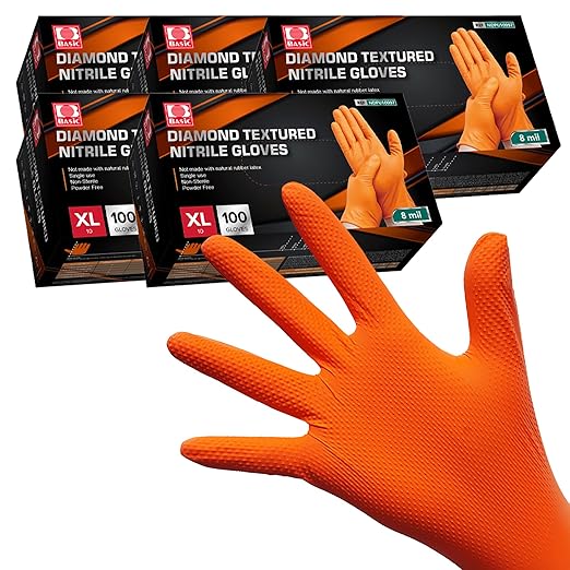 Jointown Basic Heavy Duty Nitrile Gloves, Mechanic Gloves 8 Mil Nitrile Disposable, with Raised Diamond Texture, Case of 500, Orange, XLarge