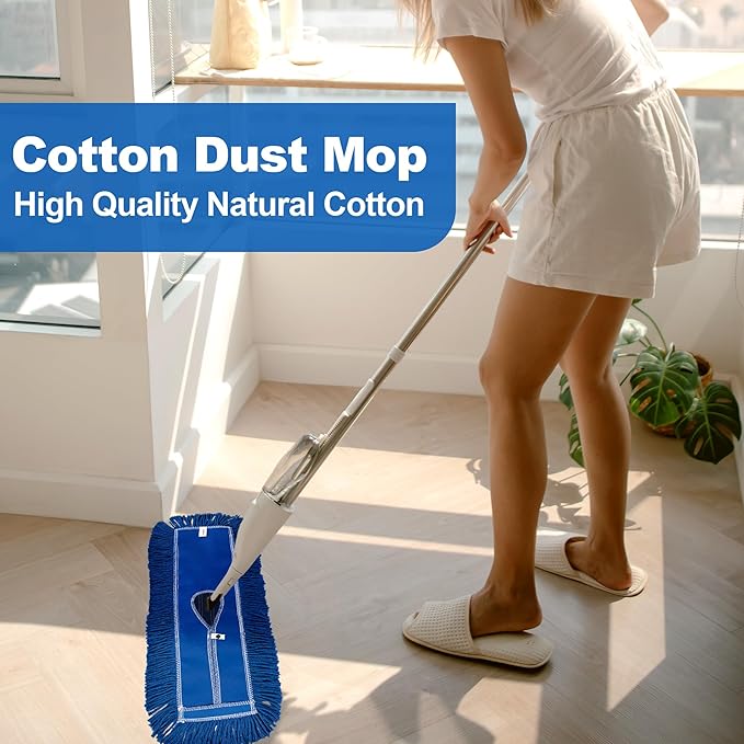 4 Pack - 24-Inch Washable Dust Mop Heads – Full Cloth, Extra Durable, Easy Button - No Clinging to Hair or Fur, Easy to Use Replacement for Commercial and Home Cleaning - iDeaology