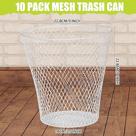 10 Pack Round Waste Basket,White Wire Mesh Desk Metal Trash Garbage Can Wastebasket Recycling Trash Bins Garbage Container for Bedroom Office School Kitchen Home Living Room Bathroom