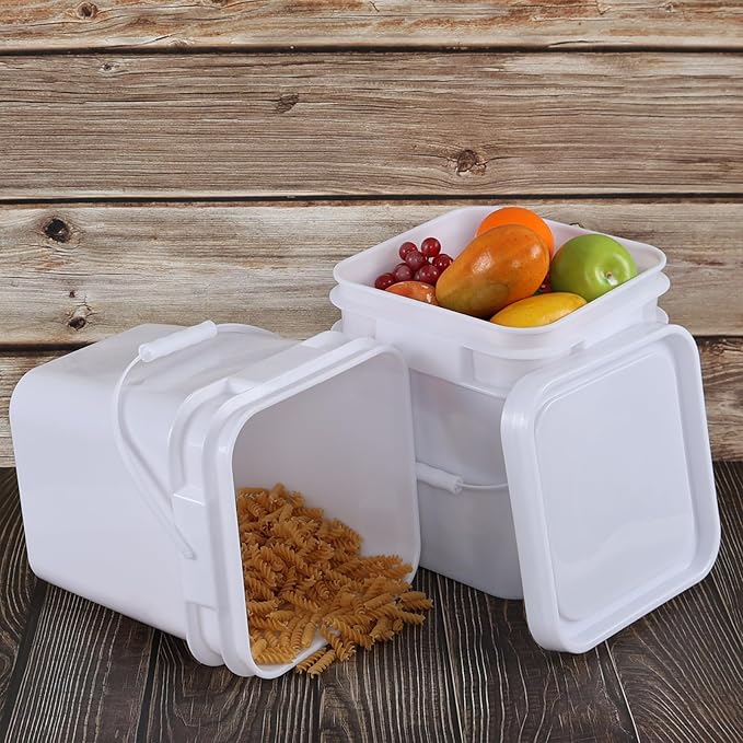 4-Pack Food Grade Bucket with Airtight Lids, Square Bucket with Plastic Handles, 3 Gallon, White