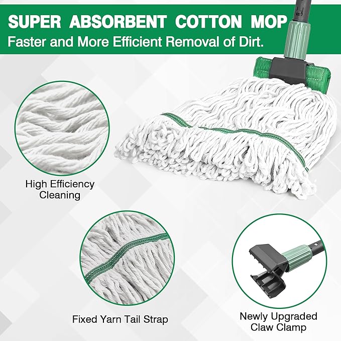 Heavy Duty Mop for Floor Cleaning, Industrial Commercial Mop with 57.5 Inches Long Handle,Looped-End String Wet Cotton Mops for Garage, Warehouse, Workshop
