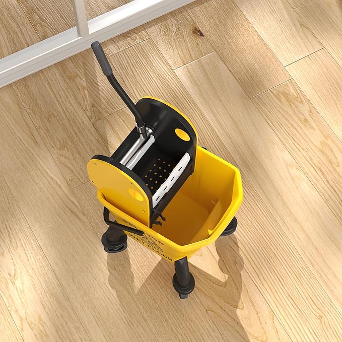 HOMCOM Mop Bucket with Wringer on Wheels for Floor Cleaning, 27.5 Quart Down Press Wringer with Handle and Mop, Yellow