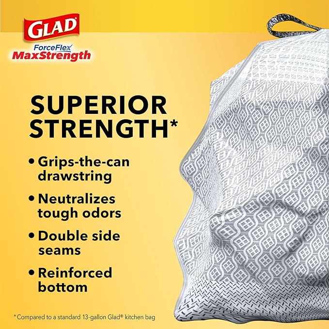 Glad Tall Kitchen Trash Bags 13 Gallon, MaxStrength Eucalyptus and Peppermint Garbage Bags, Drawstring, 90 Count