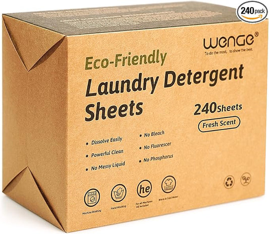 Wenge Laundry Detergent Sheets - Eco-Friendly 240 Count, No Plastic Jug, Liquidless Technology, Hypoallergenic for Home, Dorm, Travel, Camping - Hand Washing, Clean, No Mess, Fresh Scent