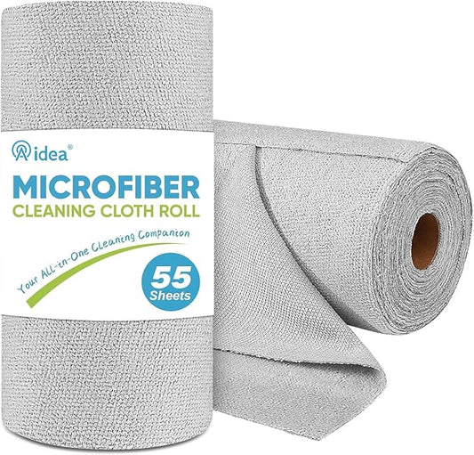AIDEA Microfiber Cleaning Cloth Roll, Shop Towels 55 Sheets, Grey Microfiber Towels for Cars, Washable Shop Rags Reusable Paper Towel for Automotive, Workshop, House, Kitchen, Cleaning Supplies11×9"