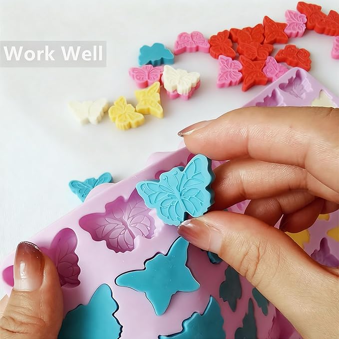Butterfly Molds Silicone for Chocolate Candy Gummy, Small Wax Melt Molds Butterfly Baking Molds Ice Cube Tray with Scraper