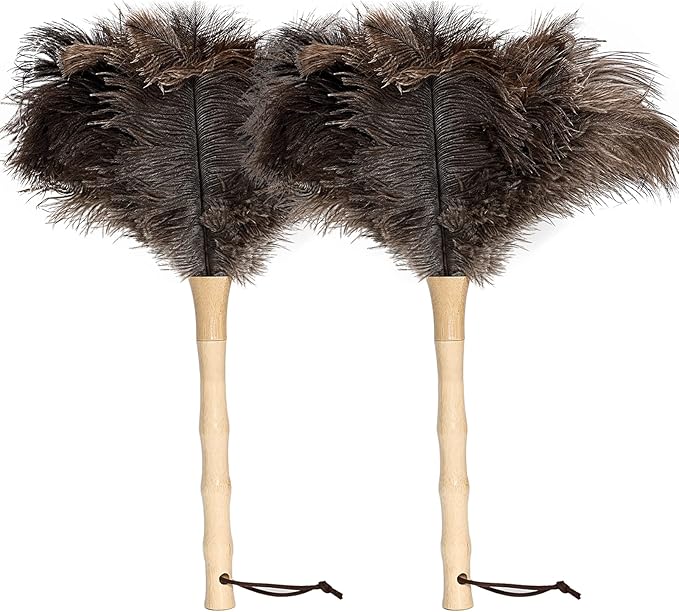Ostrich Feather Duster 16 inch Feather Duster Fluffy Natural Genuine Ostrich Feathers with Wooden Handle and Eco-Friendly Reusable Handheld Ostrich Feather Duster for Cleaning Supplies
