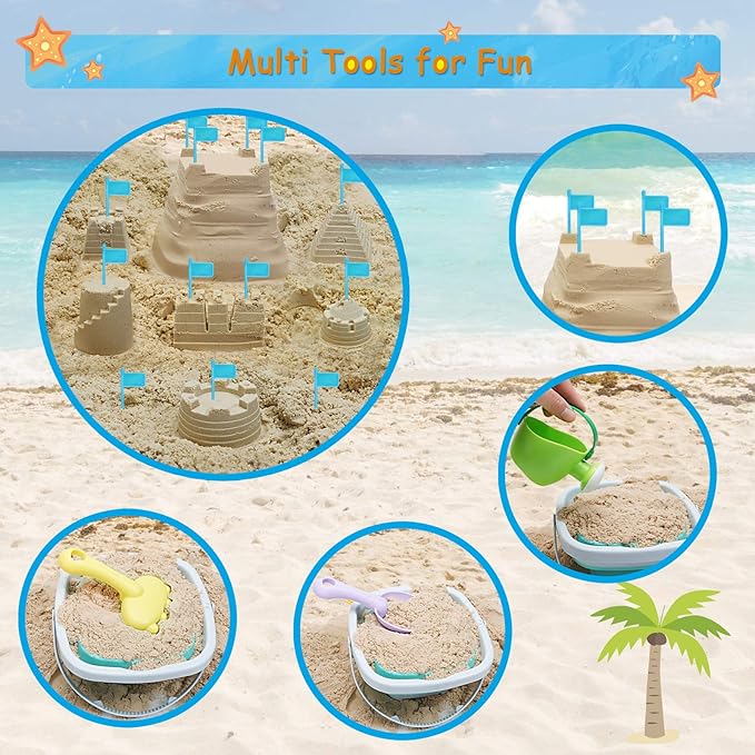 Beach Toys Sand Set for Kids, Collapsible Bucket and Shovels with Mesh Bag, Molds, Flags, Sandbox Kids Toddlers, Travel (Tavel Size)