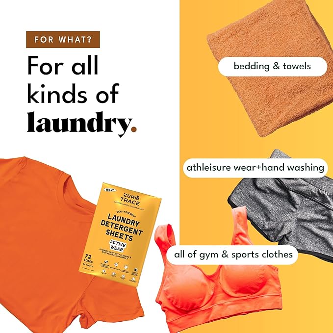 Zero Trace Laundry Detergent Sheets - Formulated for Sweat and Workout Clothes- Plastic Free Eco-friendly (Active Wear 144 Loads)