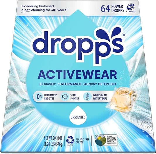 Dropps Activewear Laundry Detergent Pods, Unscented (64 Count) - Biobased Power Laundry Pods Fights Tough Stains & Odors, Sweat & Dirt - HE Compatible Laundry Supplies for Clean Sport Clothes