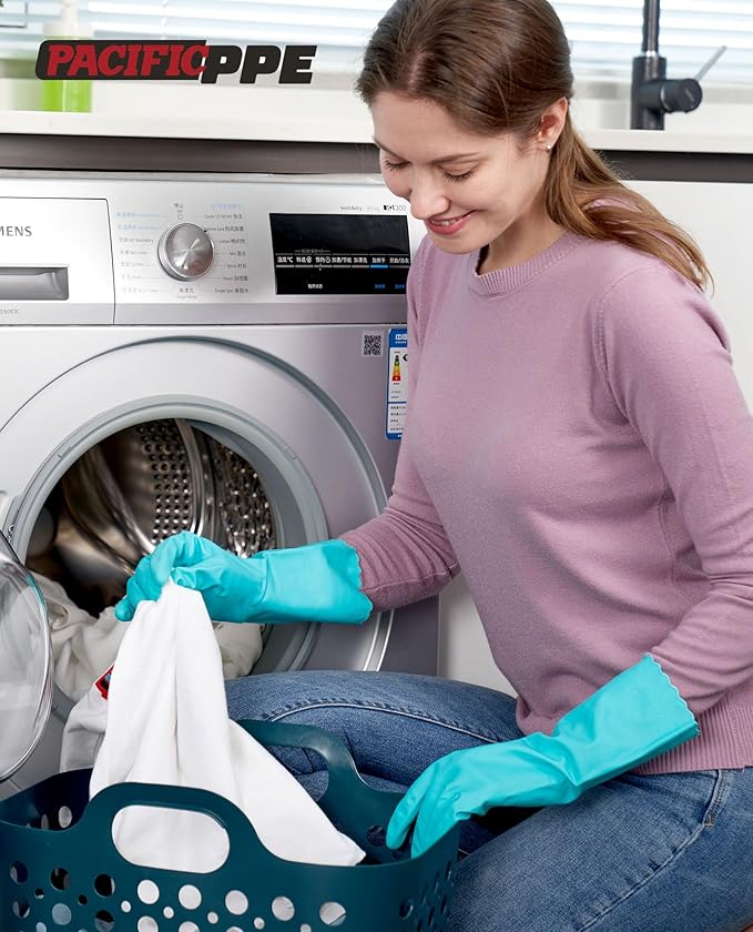 PACIFIC PPE Reusable Dishwashing Cleaning Rubber Gloves, Dish Washing Gloves with Flocked Cotton Liner, Kitchen, Latex Free, Green, Medium