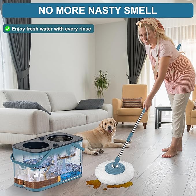 Spin Mop and Bucket,Mop Bucket with Separates Dirty and Clean Water,4-Chamber Mop and Bucket with Wringer Set for Home, Best Household Cleaning Tools with 6 Replacement Mop Heads,4X Wheel