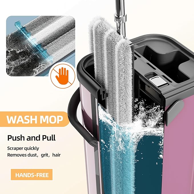 Flat Mop and Bucket for Home with Extra Refills, Stainless Steel Mop and Bucket with Wringer, Hands-Free Mop, Wet and Dry Use Mop with Long Handle (Purple)