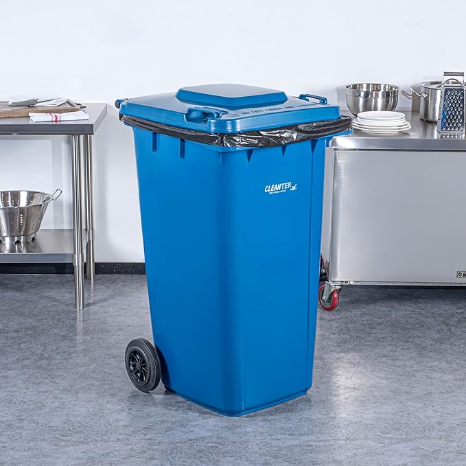 Restaurantware-Clean Tek Professional 64 Gallon Trash Can With Wheels, 1 Garbage Can With Lid - Step-On Attachment Sold Separately, Rectangle, Blue Plastic Dustbin, Long-Lasting, For Outdoor