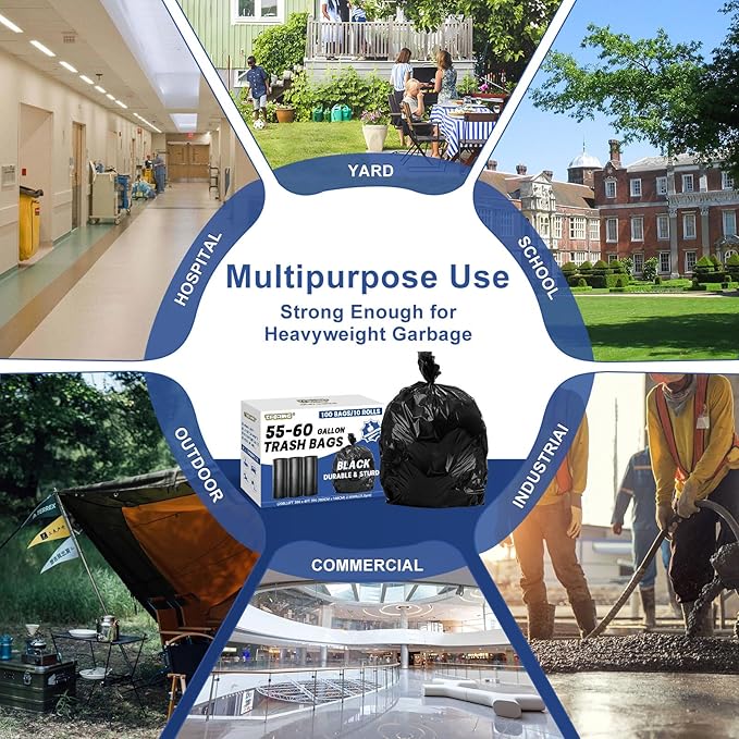 55-60 Gallon Trash Bags Heavy Duty 2.1 Mil - 39''x55'' 100 Count Extra Thick Black Garbage Bags Unscented Strong Huge Can Liners for Construction Industrial Yard Outdoor Commercial