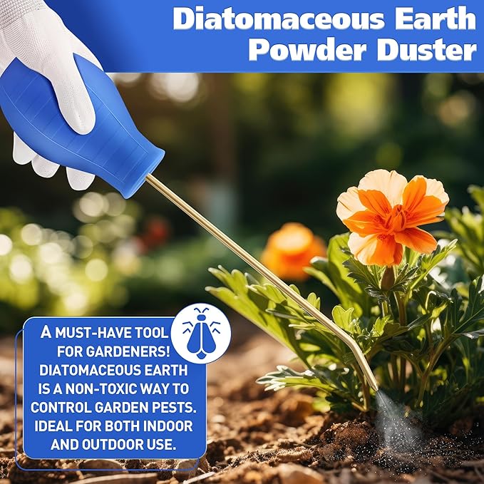 Qualirey Diatomaceous Earth Powder Duster, Blue, 16 oz, 9" Long Metal Tube, Bulb Duster Sprayer for Organic Gardening & Pest Control
