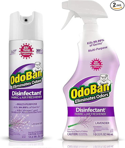 OdoBan Ready-to-Use Disinfectant and Harsh Aroma Eliminator, Cleaner and Fabric/Air Freshener, Set of 2, 14.6 Ounce 360-Degree Continuous Spray and 32 Ounce Trigger Spray, Lavender Scent