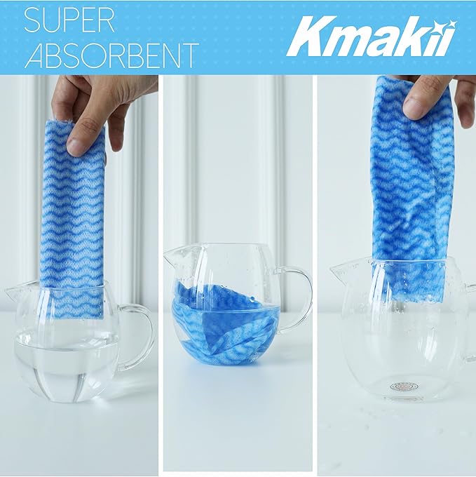 KMAKII Reusable Heavy Duty Cleaning Cloths – Multi-Purpose Dish Towels & Wipes for Kitchen & Home, Super Absorbent, 12 x 12 in (30 x 30 cm), Blue, 50 Pack