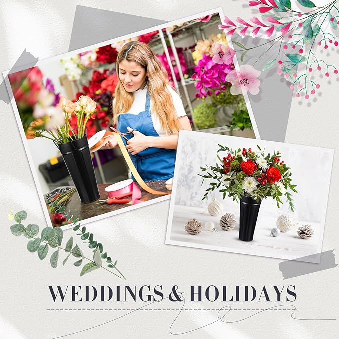 Lallisa 24 Pcs Metal Vases 9 Inch Galvanized French Farmhouse Flower Buckets with Handles and Hemp Rope, Vintage Style Flower Containers for Country Wedding Party Table Centerpiece Decor(Black)