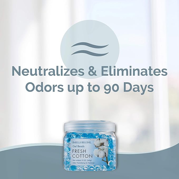 SMELLS BEGONE Odor Eliminator Gel Beads - 12 oz, Pack of 2 - Eliminates Odor in Bathrooms, Cars, Boats, RVs & Pet Areas - Air Freshener - Made with Essential Oils - Fresh Cotton Scent