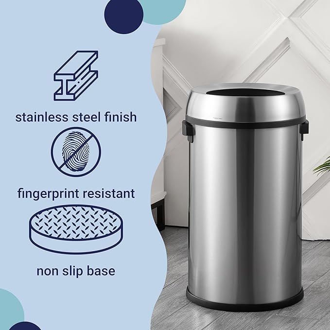 happimess HPM1015A Chuck Kitchen/Office 17.2-Gallon Open-Top Trash Can, Modern, Minimalistic, Fingerprint Proof for Home, Kitchen, Laundry Room, Office, Bedroom, Bathroom, Chrome