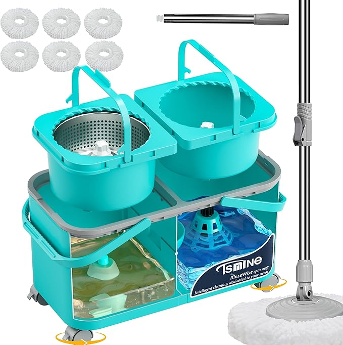 2025 Upgraded Mop Bucket with Wringer on Wheels,Clean & Dirty Water Separation,Spin Mop and Bucket with 6 Reusable Microfiber Mop Heads, 360° Swivel Wheels for Home & Kitchen Cleaning-Blue
