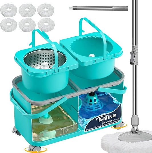 2025 Upgraded Mop Bucket with Wringer on Wheels,Clean & Dirty Water Separation,Spin Mop and Bucket with 6 Reusable Microfiber Mop Heads, 360° Swivel Wheels for Home & Kitchen Cleaning-Blue