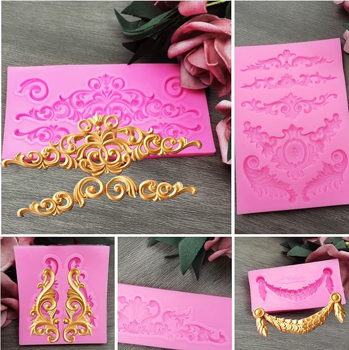 Rainmae 6 Pcs Baroque Style Curlicues Scroll Lace Fondant Silicone Mold, Relief Flower Lace Mould Filigree Mold 3D Sculpted Decoration, Cupcake Topper, Jewelry, Polymer Clay, Crafting Projects