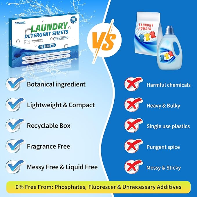 FIXSMITH Laundry Detergent Sheets - 100 Loads (50 Sheets) Fragrance Free - Hypoallergenic,Unscented,Eco Friendly Laundry Detergent Strips Concentrated Travel Detergent Sheets.Plastic-Free,Liquidless