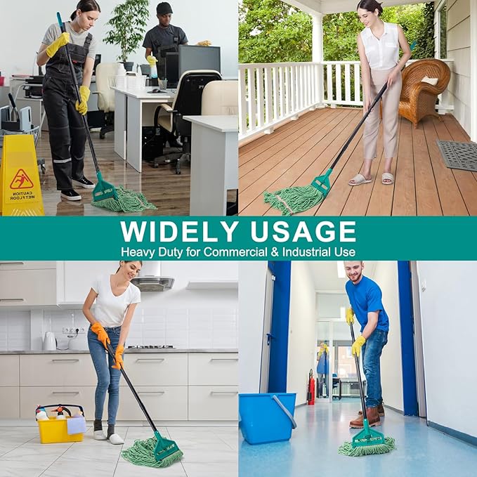 KeFanta 60 Inch Loop-End String Mop Heavy Duty Commercial Mops for Floor Cleaning,Industrial Cotton Wet Mop with Extra Mops Head Replacement(Green)