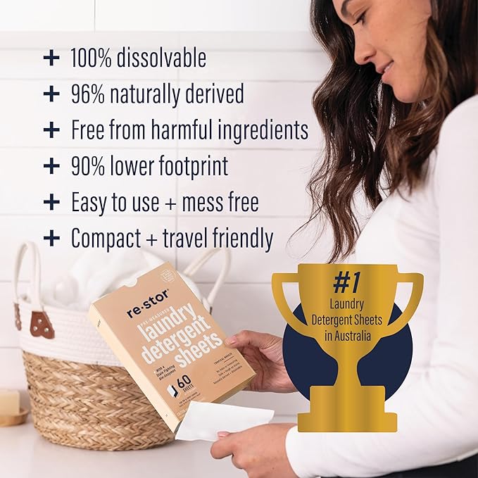 restor Laundry Detergent Sheets Tropical Breeze 180 Loads | Eco Friendly Plastic Free Travel Laundry Washer Sheets | Superior Stain Fighting Washing Detergent sheets Number One in Australia