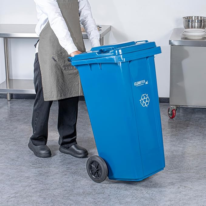 Clean Tek Professional 32 Gallon Trash Can With Wheels, 1 Garbage Can With Lid - Step-On Attachment Sold Separately, Rectangle, Blue Plastic Dustbin, Long-Lasting, For Outdoor - Restaurantware