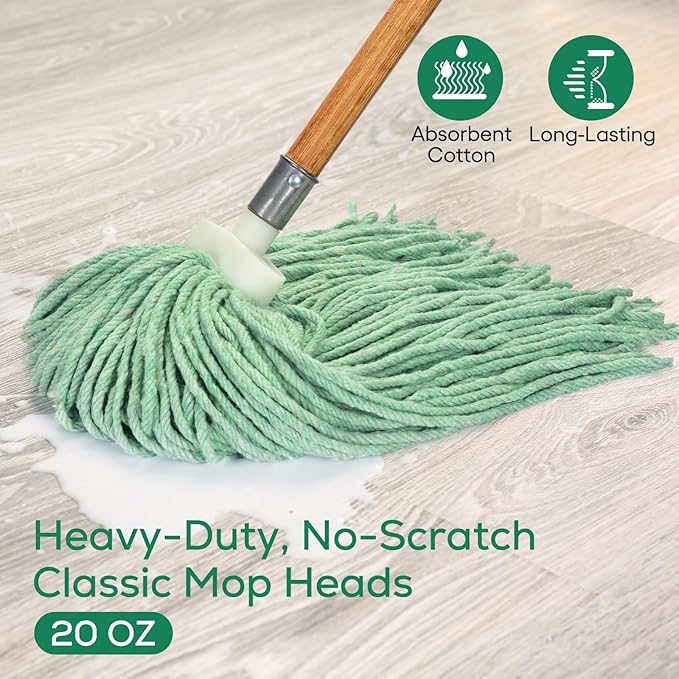 Matthew Cleaning Screw-on Heavy Duty Cotton Wet Mop Replacement Heads(Green, Medium,3Pack) with 2 Pack Microfiber Cloth for Residential & Commercial Floor Cleaning Use- Fit Standard American Screw