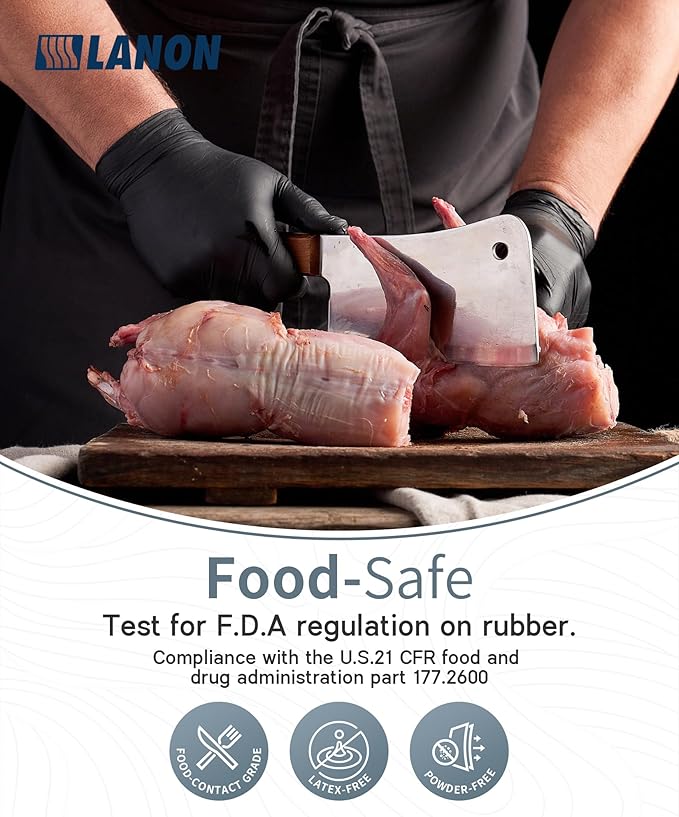 LANON Food Safe Disposable Nitrile Gloves, Latex-Free, Powder-Free, Silicone-Free, Textured Fingertips, Cooking, Black，X-Large