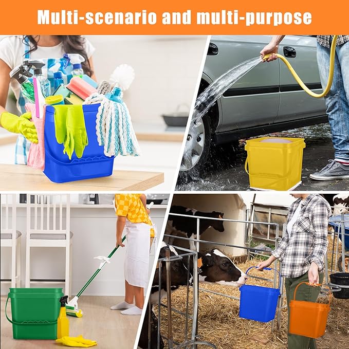 Mifoci 4 Pcs Plastic Bucket 5 Quart Square Cleaning Bucket Utility Small Pail with Handle for House Cleaning Storage Livestock Feeding Car Washing (Yellow,Blue,Green,Orange)