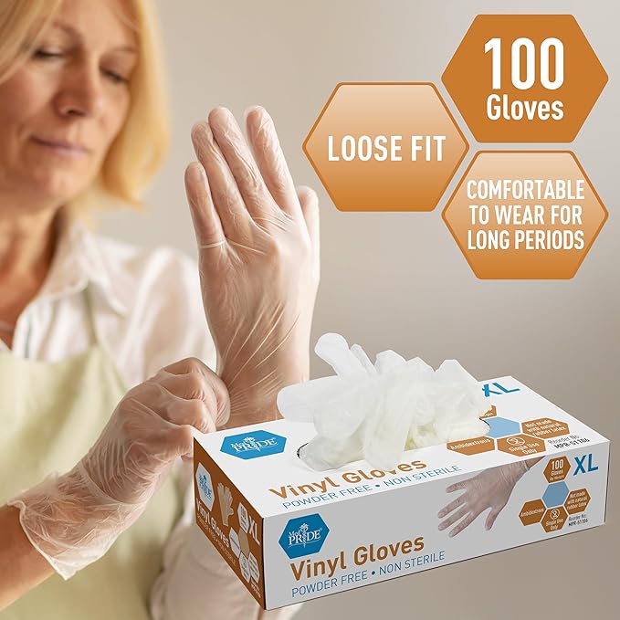 Med PRIDE Vinyl Gloves| X-Large Case of 1000| 4.3 mil Thick, Powder-Free, Non-Sterile, Heavy Duty Disposable Gloves| Professional Grade for Healthcare, Medical, Food Handling, and More