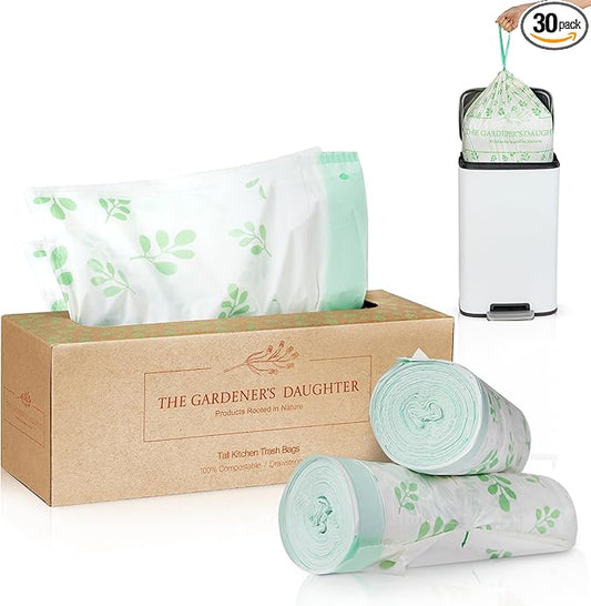13 Gallon Compostable Trash Bags – Extra Strong, Drawstring Kitchen Bags (30 Count, White) | Leak-Proof, BPI & TUV Certified, Home Compostable – Evergreen by The Gardener's Daughter