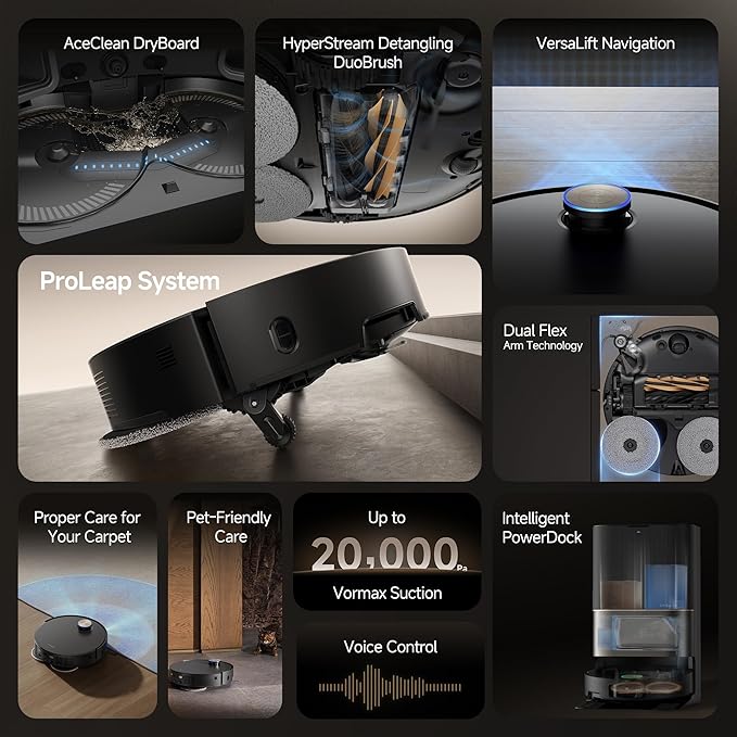 DREAME X50 Ultra Complete Robot Vacuum and Mop with Auto-Empty and Mop Self-Cleaning, 20,000Pa Suction, Obstacle Avoidance and 360° Navigation, Corner to Edge Deep Cleaning, Detangling Brush (Black)