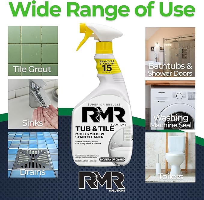 RMR - Tub and Tile Cleaner, Mold & Mildew Stain Remover, Industrial-Strength, No-Scrub Foam Cleaner, Modern Orchard Scent, 30 Fl Oz