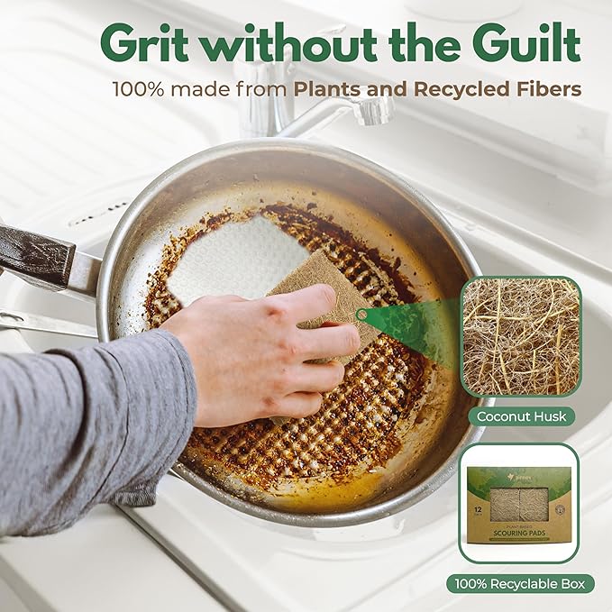 Plant Based Kitchen Scouring Pads - Pack of 24 Coconut Husk Non Abrasive Scrubbing Pads - Multipurpose Scrubbies for Dishes - Heavy Duty Dishes, Pan and Pot Scrubbers for Kitchen Non Scratch