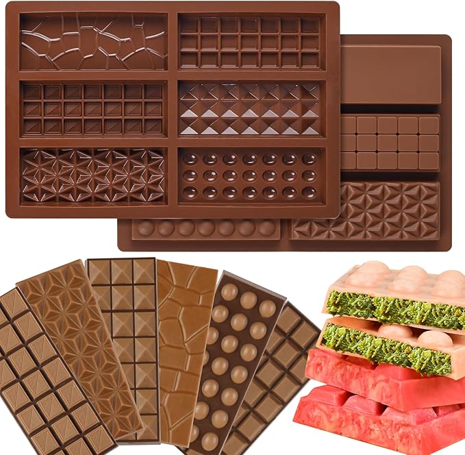 Chocolate Bar Mold, 2 Pack Deep Silicone Molds, Non-Stick Chocolate Molds for Stuffed Pistachio Knafeh Bars, Energy Protein, Homemade Candy Snacks, 6 in 1 Style Chocolate Bar Mold