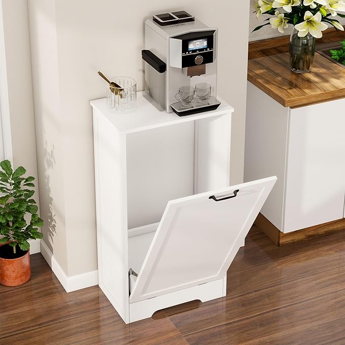 10 Gallon Tilt Out Trash Cabinet, Modern Tilt Out Laundry Hamper Cabinet, Wooden Hidden Trash Can Cabinet with Lid for Bathroom, Living Room, Laundry Room, White