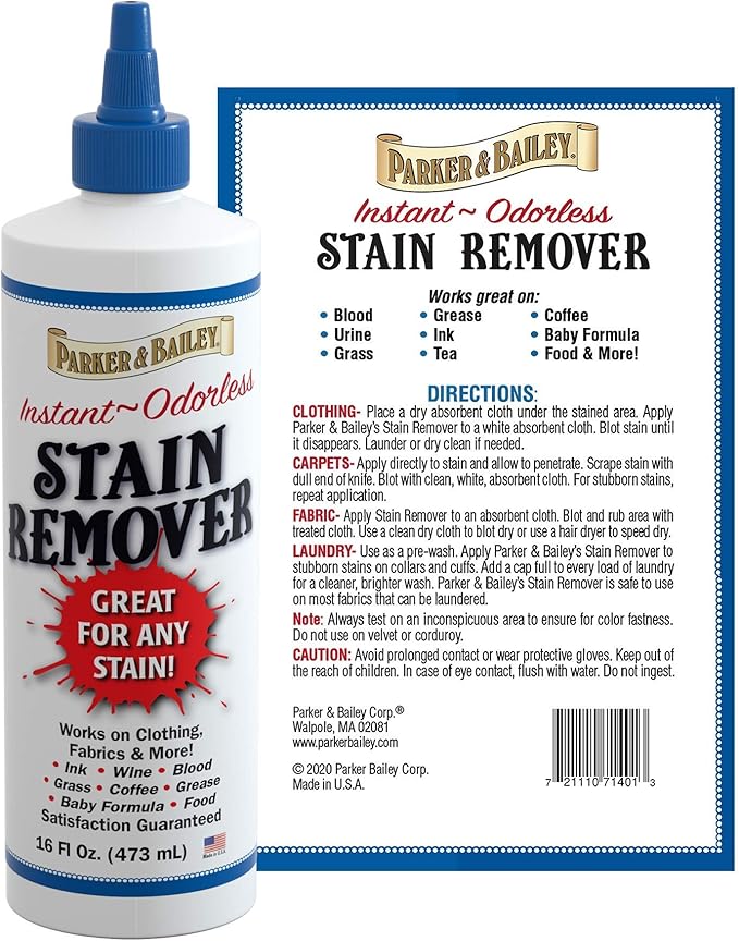 Parker and Bailey Stain Remover- Blood Stain Remover for Carpet, Clothes, Sheets and Mattress - Garment and Fabric Laundry Stain Remover - 16oz