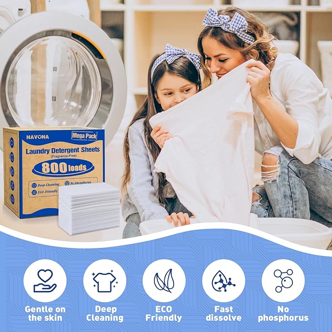 800 Loads Mega Pack Laundry Detergent Sheets, Eco-friendly Laundry Sheets, Powerful Cleaning, Suitable for Homes, Dorms, and Apartments- [Fragrance-Free]
