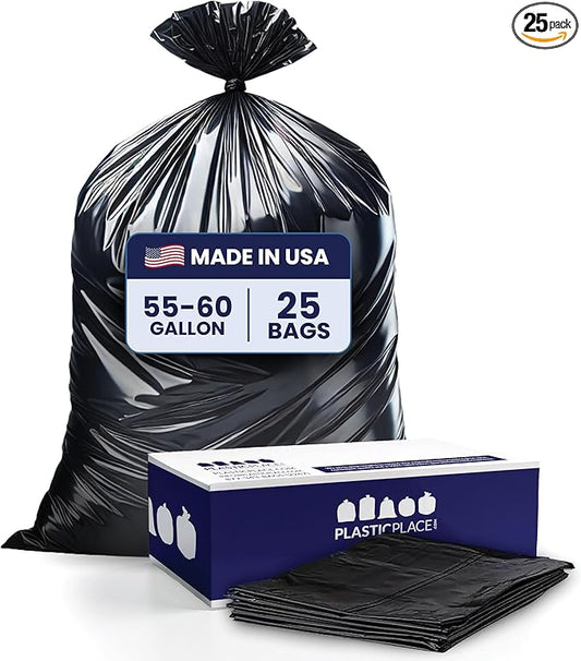 Plasticplace Contractor Trash Bags 55-60 Gallon │ 6.0 Mil │ Black Heavy Duty Garbage Bag │ 36” x 58” (25 Count)