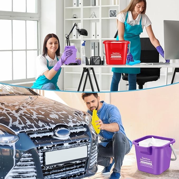 Vesici 6 Sets 3 Quart Cleaning Bucket with Microfiber Cleaning Cloths Small Sanitizing Square Bucket Detergent Plastic Utility Pail with Handle for Household Restaurant Office School Use (Colorful)